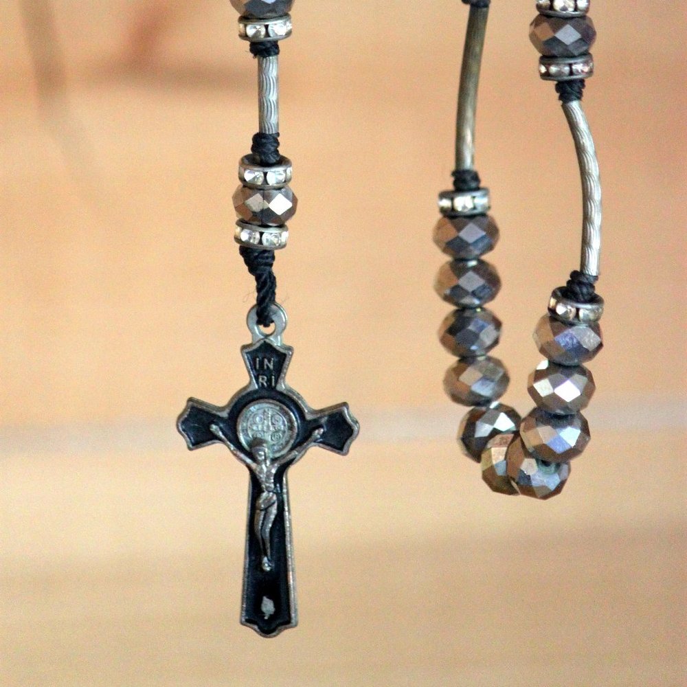 Vintage Hand Made 20 Inch Rosary With Faceted Hematite Beads